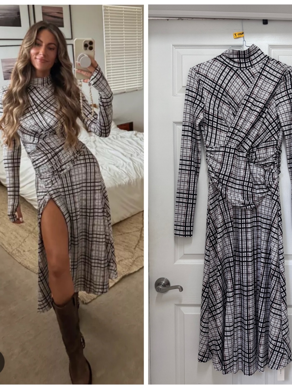 Commense Black & White Plaid Long-Sleeve Midi Dress with Side Slit